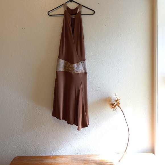 Vintage 90s Keyhole Asymmetric Mocha/Tan Flapper Inspired Dress - Picture 1 of 16